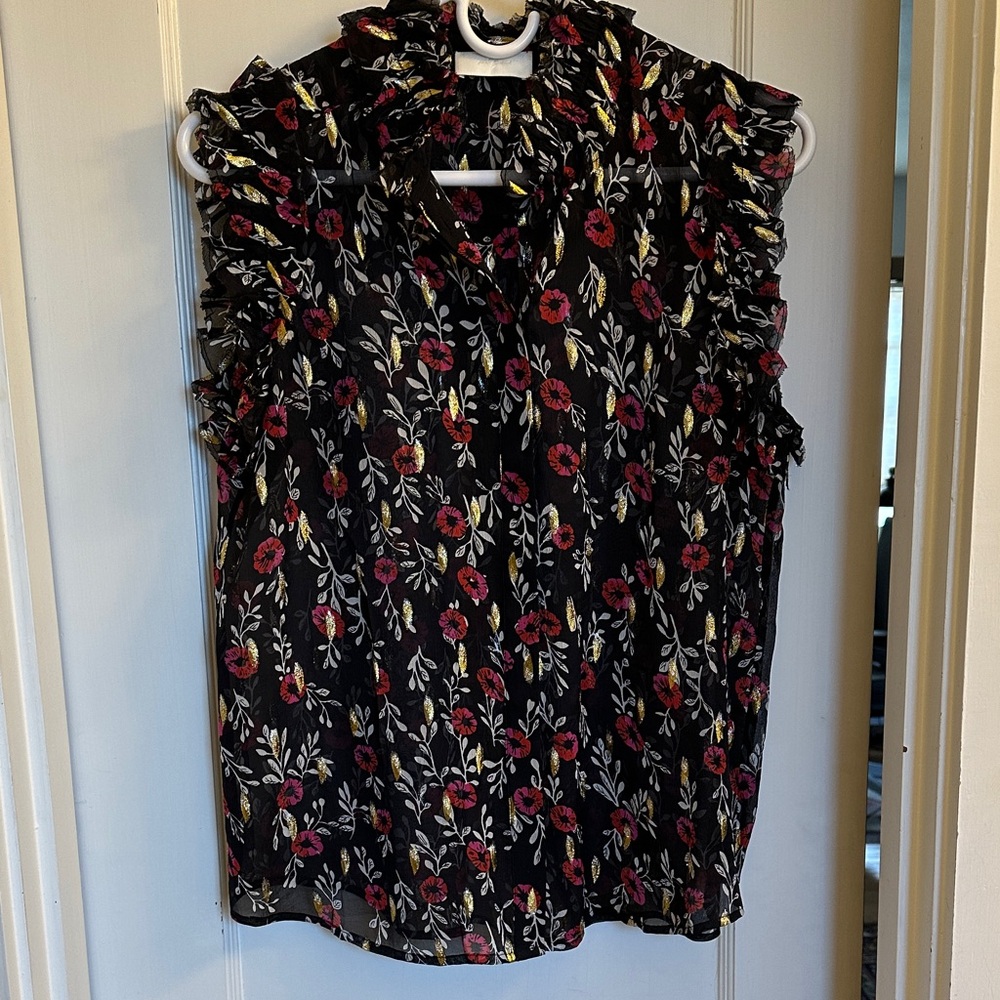 7 For All Mankind Black with Pink and Red Floral with Gold Blouse XS